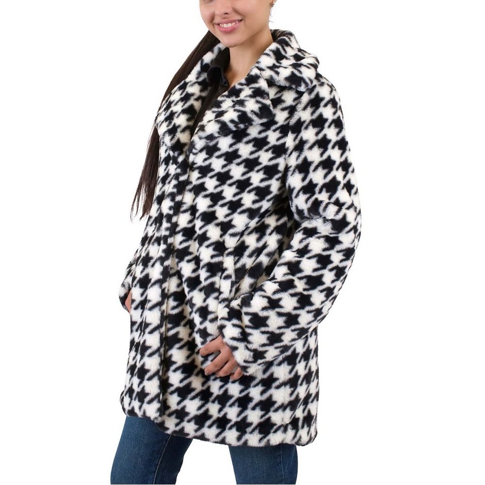 CoffeeShop Faux Fur Walker Coat in Black and White Houndstooth Plaid - Picture 6 of 7